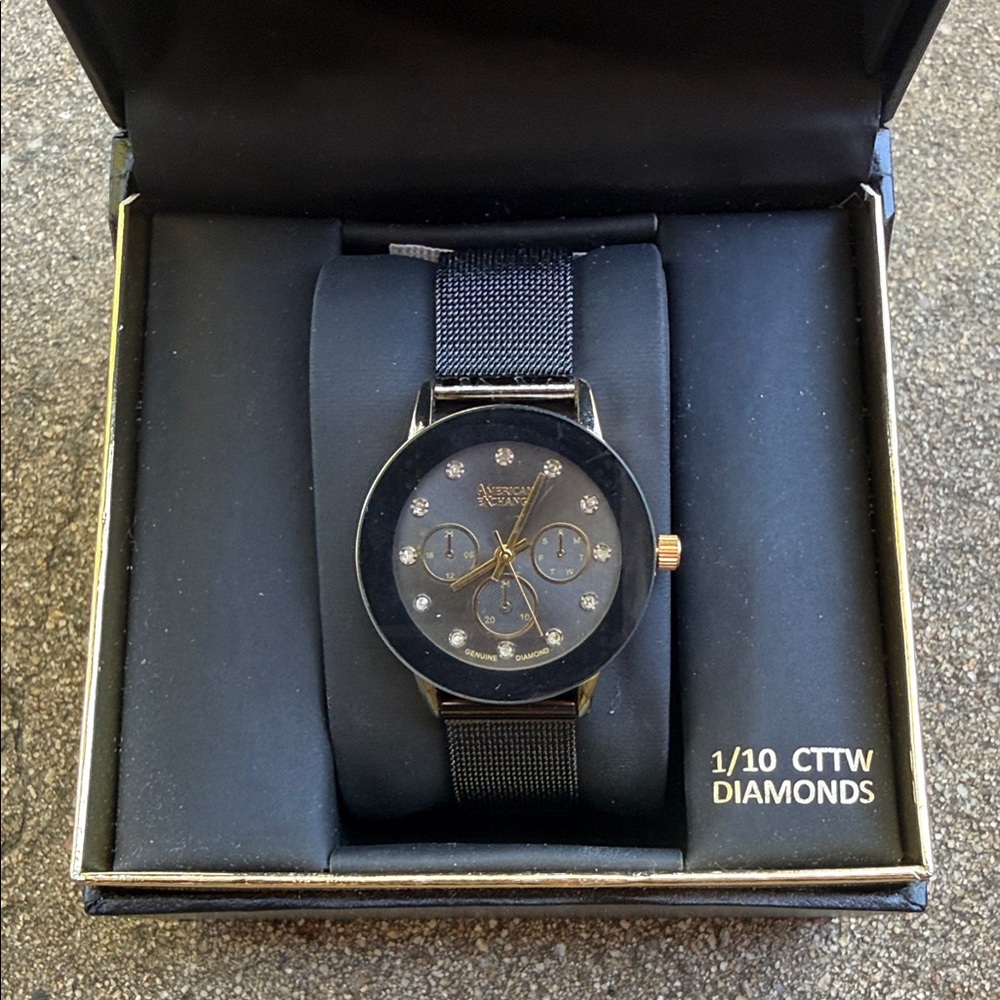 American Exchange Black Gold Accent Strap Women's Watch with Crystal Accents NEW